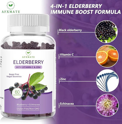 AFXMATE Sambucus Black Elderberry Gummies with Zinc and Vitamin C for Adults Kids Immune Support, Sugar Free 120 Counts