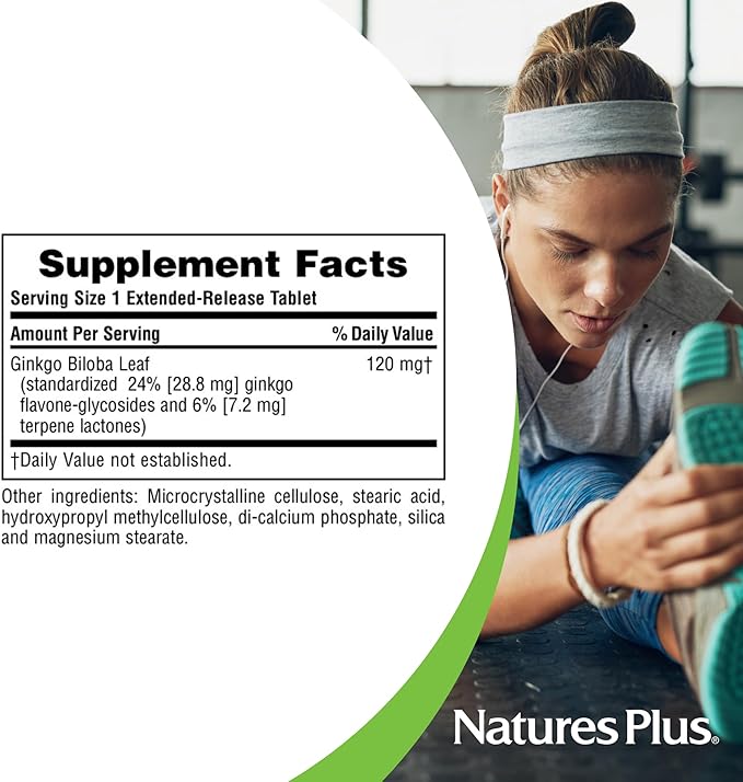 Natures Plus Herbal Actives Ginkgo Biloba, Extended Release - 120 mg, 60 Vegan Tablets - Vegetarian, Gluten-Free - 60 Servings