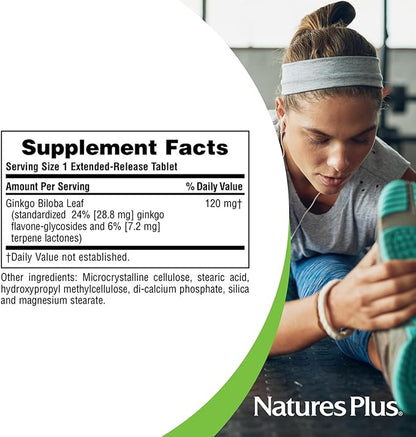 Natures Plus Herbal Actives Ginkgo Biloba, Extended Release - 120 mg, 60 Vegan Tablets - Vegetarian, Gluten-Free - 60 Servings