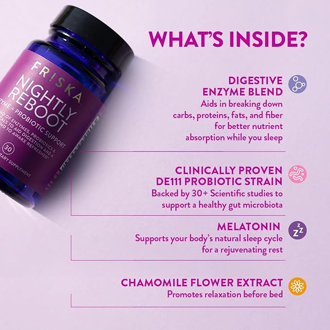 FRISKA Nightly Reboot Enzyme and Probiotics Supplement, Promotes Better Digestion and Sleep, Supports Gut Health for Men and Women, Melatonin, Chamomile, 30 Capsules