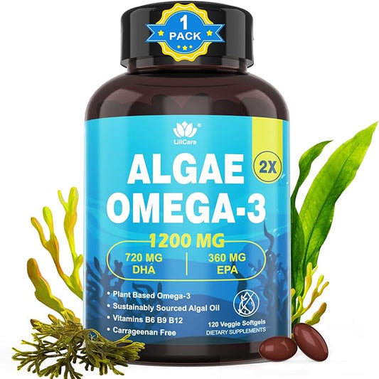 (Made in USA) Fish Oil Alternative Omega-3 Supplement for Women Men, Vegan Algae Oil Science Backed 2:1 Ratio DHA 720mg EPA 360mg, Plant Based Omega-3 Softgels for Brain Eye, No Fish Taste, 120Cts