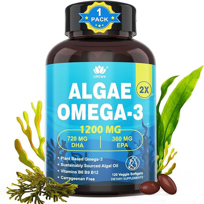 (Made in USA) Fish Oil Alternative Omega-3 Supplement for Women Men, Vegan Algae Oil Science Backed 2:1 Ratio DHA 720mg EPA 360mg, Plant Based Omega-3 Softgels for Brain Eye, No Fish Taste, 120Cts