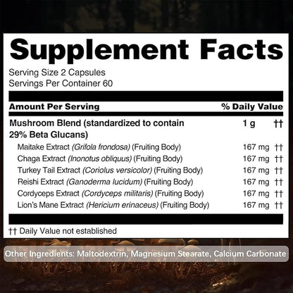 Mushroom Supplement Capsules, Mushrooms Complex, Lions Mane, Cordyceps, Chaga, Reishi, Turkey Tail, Maitake, Brain Supplements for Memory and Focus, 2 Month Supply