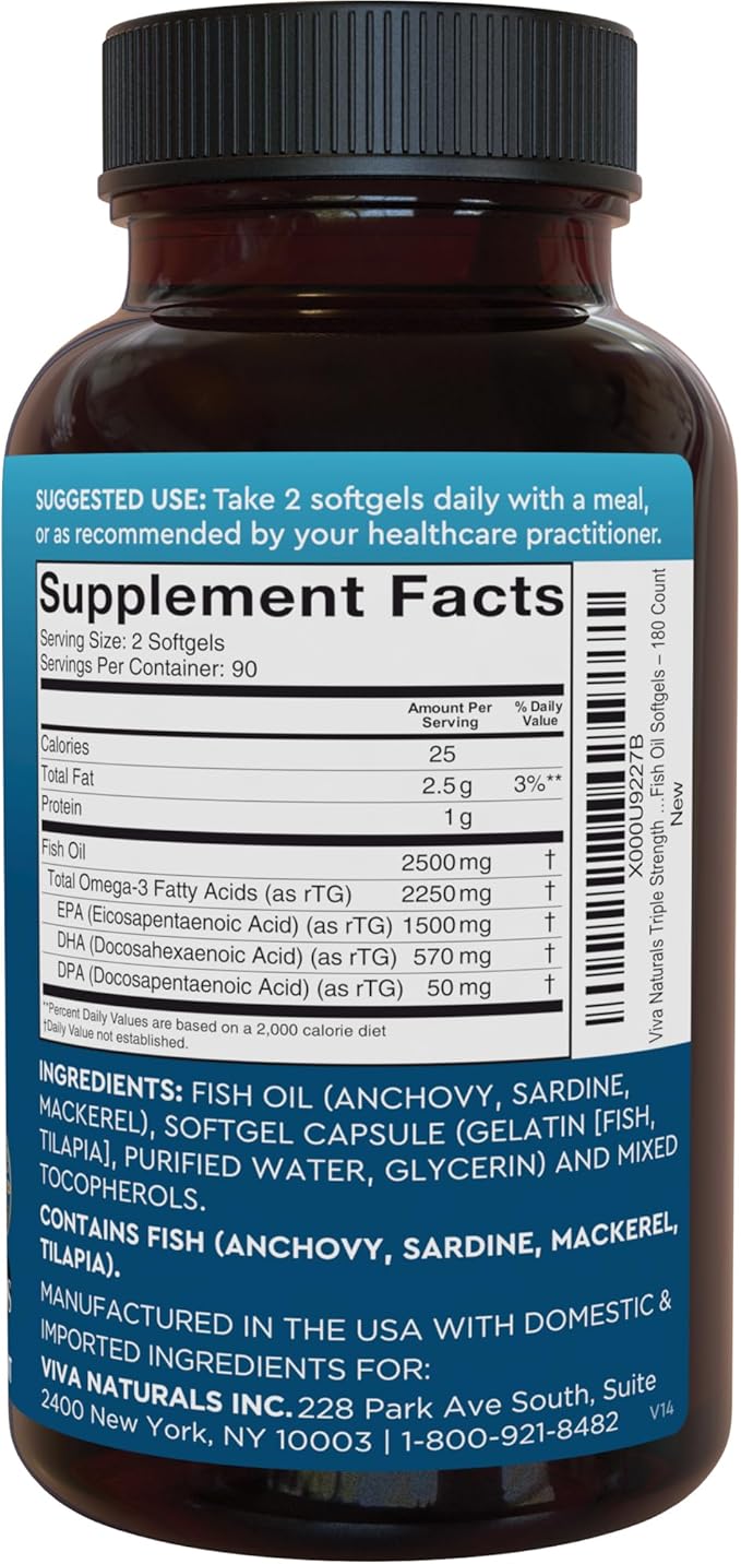 Omega 3 Fish Oil Supplement for Women and Men - 2500 mg Triple Strength Fish Oil Pills with Re-Esterified Omega 3 Fatty Acids including EPA, DHA DPA - 180 Pescatarian-Friendly Softgels