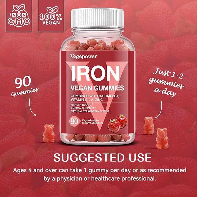 Iron Gummies Supplements for Women & Kids - Multivitamin with Iron Gummy for Blood Oxygen, Great Tasting Gummies with Vitamin C for Max Absorption, Vegan Chewable(180 Count, Strawberry)