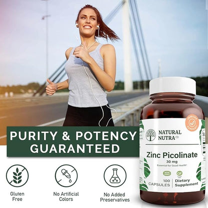 Natural Nutra Zinc Picolinate 30 mg, Double Strength, Raw and Pure, Highly Bioavailable Supplement for Growth & Immunity, Helps Promote Skin Health, Support Metabolic System, 100 Capsules (2 Pack)