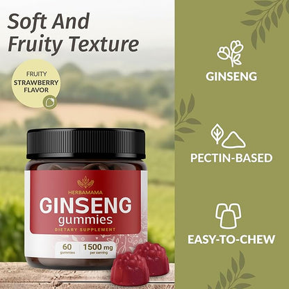 HERBAMAMA Panax Ginseng Gummies - 1500mg Korean Red Ginseng Root for Energy Support - Vegan, Non-GMO Red Panax Immune Support Supplement - 60 Pectin-Based Strawberry-Flavored Chews