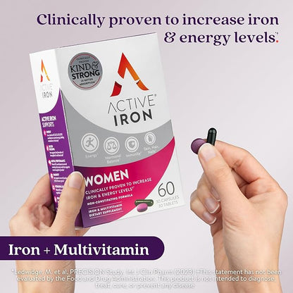 Active Iron Supplement for Women + Complete Multivitamin, 30 Non-Constipating, Gentle on The Stomach Capsules + 30 Womens Multivitamin Tablets, Clinically Proven to Increase Iron & Energy Levels