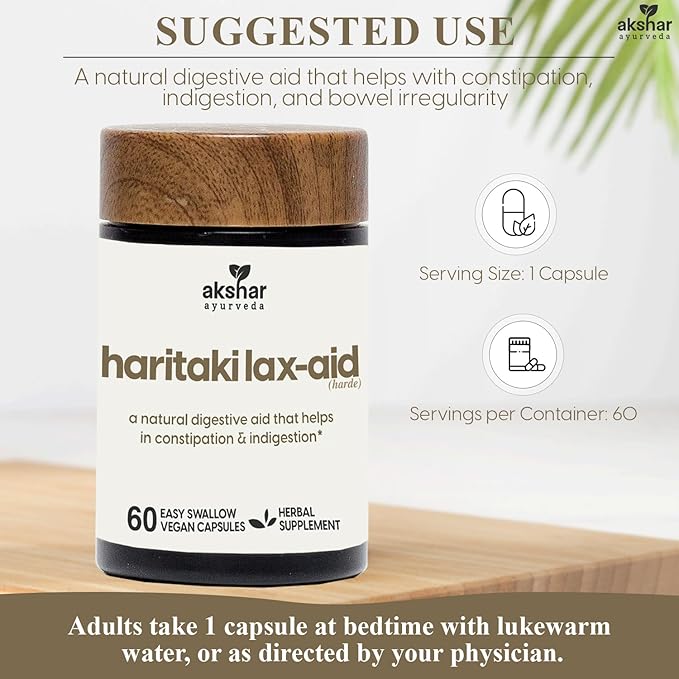 AKSHAR Ayurveda - Haritaki Lax Aid Capsules for Natural Constipation Relief & Indigestion Support - Plant Based Digestive Aid for Regularity & Gentle Rejuvenation - Vegan Cruelty Free (60 Count)