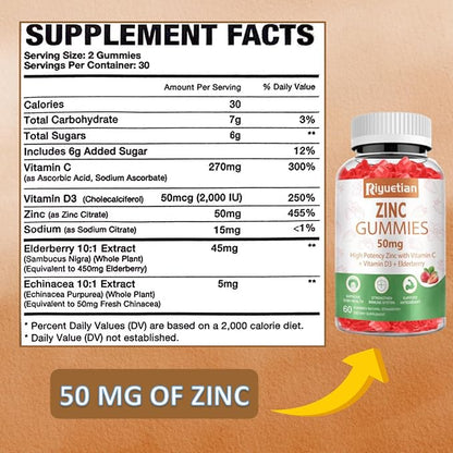 Zinc Gummies - 50mg High Potency Zinc with Vitamin C + Vitamin D3 + Elderberry - Immune Health Support - Vegan, Non-GMO and Gluten Free - 60 Gummies