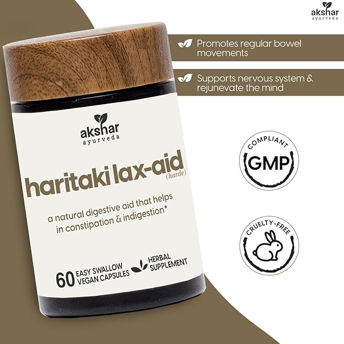 AKSHAR Ayurveda - Haritaki Lax Aid Capsules for Natural Constipation Relief & Indigestion Support - Plant Based Digestive Aid for Regularity & Gentle Rejuvenation - Vegan Cruelty Free (60 Count)