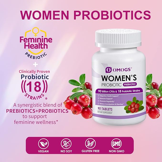 Women's Probiotic, with Cranberry Extract, Organic Prebiotics & Vitamin C, 90 Billion CFUs,18 Strains, Help for Boost Immune, Digestive, Gut Health & Women's Health, Gluten & Soy Free,90 Tablets