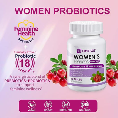 Women's Probiotic, with Cranberry Extract, Organic Prebiotics & Vitamin C, 90 Billion CFUs,18 Strains, Help for Boost Immune, Digestive, Gut Health & Women's Health, Gluten & Soy Free,90 Tablets