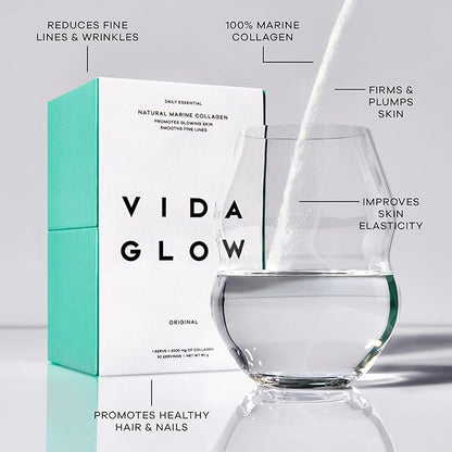 Vida Glow Marine Collagen Powder - Anti Aging Supplement with Collagen Peptides, Promotes Glowing Skin, Strong Nails, Healthy Hair | 30 Servings, Original Flavor