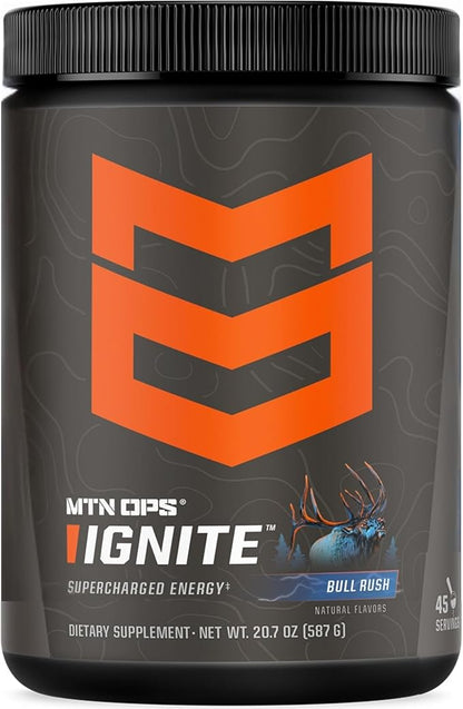 MTN OPS Ignite Energy Drink Powder, Gluten Free Nitric Oxide Supplement Drink Mix, L Arginine, L Citrulline, Caffeine & Nootropic Sugar Free Drink Mix, 45 Servings, Bull Rush