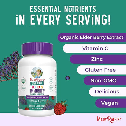 MaryRuth Organics Kids Immune Support Gummies | USDA Organic | Vitamin C, Zinc, and Elderberry Gummies for Kids| Immune Support for Ages 4+ | Vegan | Non-GMO | Gluten Free | 60 Count
