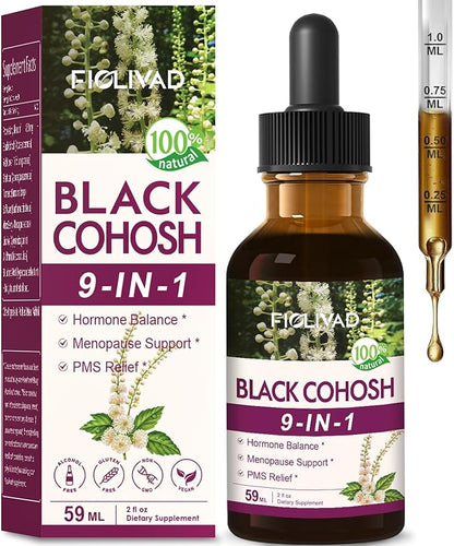 Black Cohosh Root for Women Menopause Support Drops for Hot Flashes & Night Sweats, 9-in- 1 Herbal Extract Supplement Tincture, Blend with Red Clover Shatavari Support PMS Relief. 2oz
