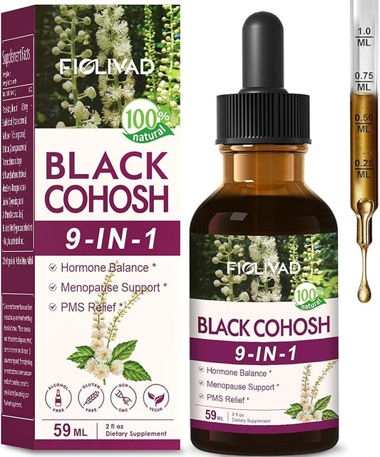 Black Cohosh Root for Women Menopause Support Drops for Hot Flashes & Night Sweats, 9-in- 1 Herbal Extract Supplement Tincture, Blend with Red Clover Shatavari Support PMS Relief. 2oz