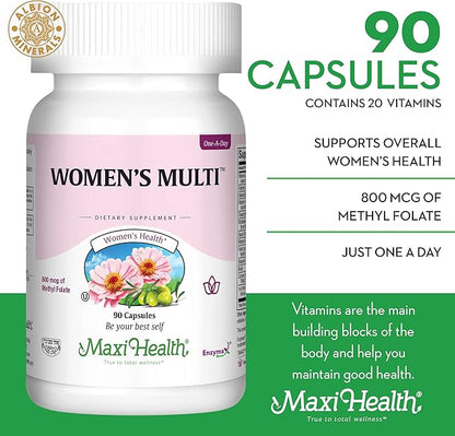 Maxi Health Women's Daily Multivitamin Biotin, Vitamins A B C D E, Calcium, Zinc, Lutein, Magnesium, Folate and More. Supports Gut Health for Women. Natural, Non-GMO, Gluten Free & Dairy Free Kosher