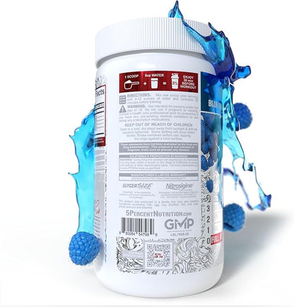 5% Nutrition FullAF Pre-Workout | Stim-Free with Massive Pumps | L-Citrulline, L-Taurine, Nitrosigine, GlycerSize | 13.05 oz (Blue Raspberry)