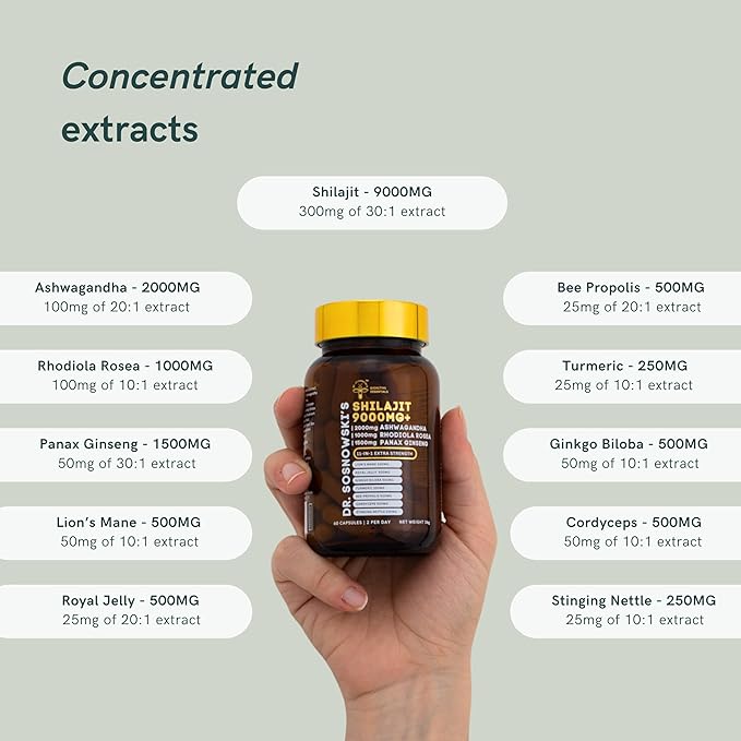 Dr Sosnowski's BioActive Shilajit Blend with Ashwagandha, Rhodiola Rosea, Lions Mane, Panax Ginseng, Royal Jelly, Ginkgo Biloba, Turmeric, Bee Propolis, Cordyceps & Stinging Nettle | 60 Capsules