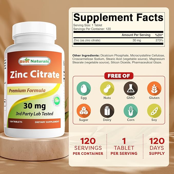 Best Naturals Zinc 30mg Supplements (as Zinc Citrate) - zinc Vitamins for Adults Immune Support - 120 Tablets (120 Count (Pack of 3))