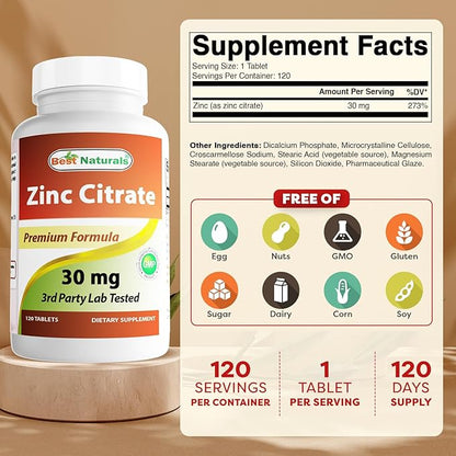 Best Naturals Zinc 30mg Supplements (as Zinc Citrate) - zinc Vitamins for Adults Immune Support - 120 Tablets (120 Count (Pack of 3))