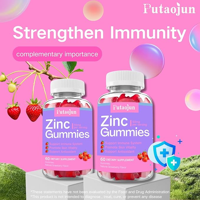 Zinc Gummies for Kids & Adults - Immune Support, High Absorption Vitamin C & Zinc Supplement, Natural Strawberry Flavor, Sugar Free, Vegan - 60 Count