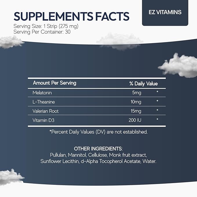 Dissolvable Oral Sleep Strips with 5 mg Melatonin, Valerian Root, L-Theanine and Vitamin B6 - Fresh Mint Flavor, No Water Needed, Works Faster Than Gummies, Sleep Support Oral Strips, 30ct