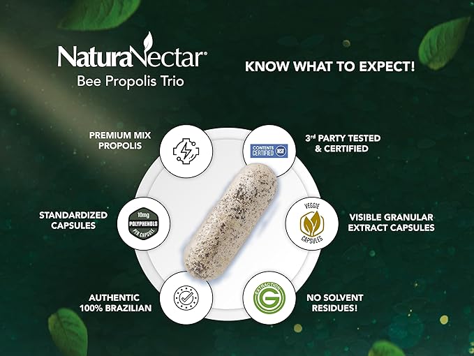 NaturaNectar - Bee Propolis Trio Capsules, NSF Certified Premium Brazilian Propolis - Gluten-Free Supplements with More Diverse Flavonoids & PWE - Naturally Sourced Through Ethical Beekeeping (60pcs.)