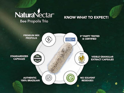 NaturaNectar - Bee Propolis Trio Capsules, NSF Certified Premium Brazilian Propolis - Gluten-Free Supplements with More Diverse Flavonoids & PWE - Naturally Sourced Through Ethical Beekeeping (60pcs.)