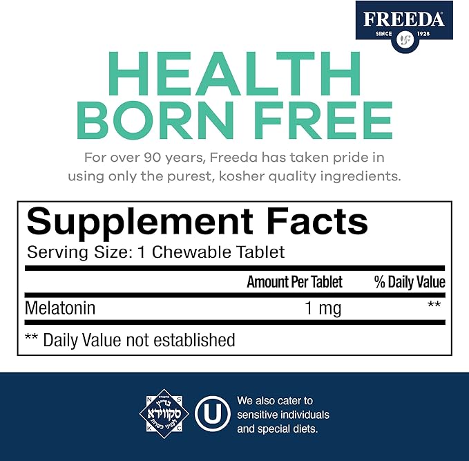 FREEDA Melatonin 1mg Sugar-Free Chewables – Gentle Sleep Aid for Adults & Kids – Vegan, Kosher, Gluten-Free, Non-GMO, Travel-Friendly – 180 Tablets