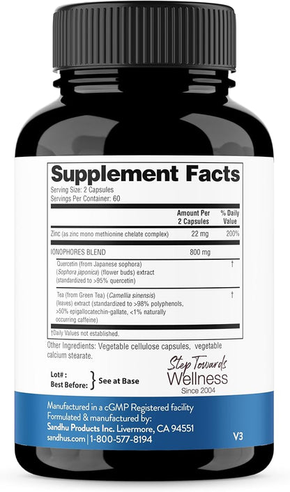 Sandhu's Zinc Supplement with Ionophores| Quercetin & Green Tea Extract for Superior Absorption and High Potency| 900mg Vegetarian Capsules 60 Days Supply| Immune Support for Men & Women