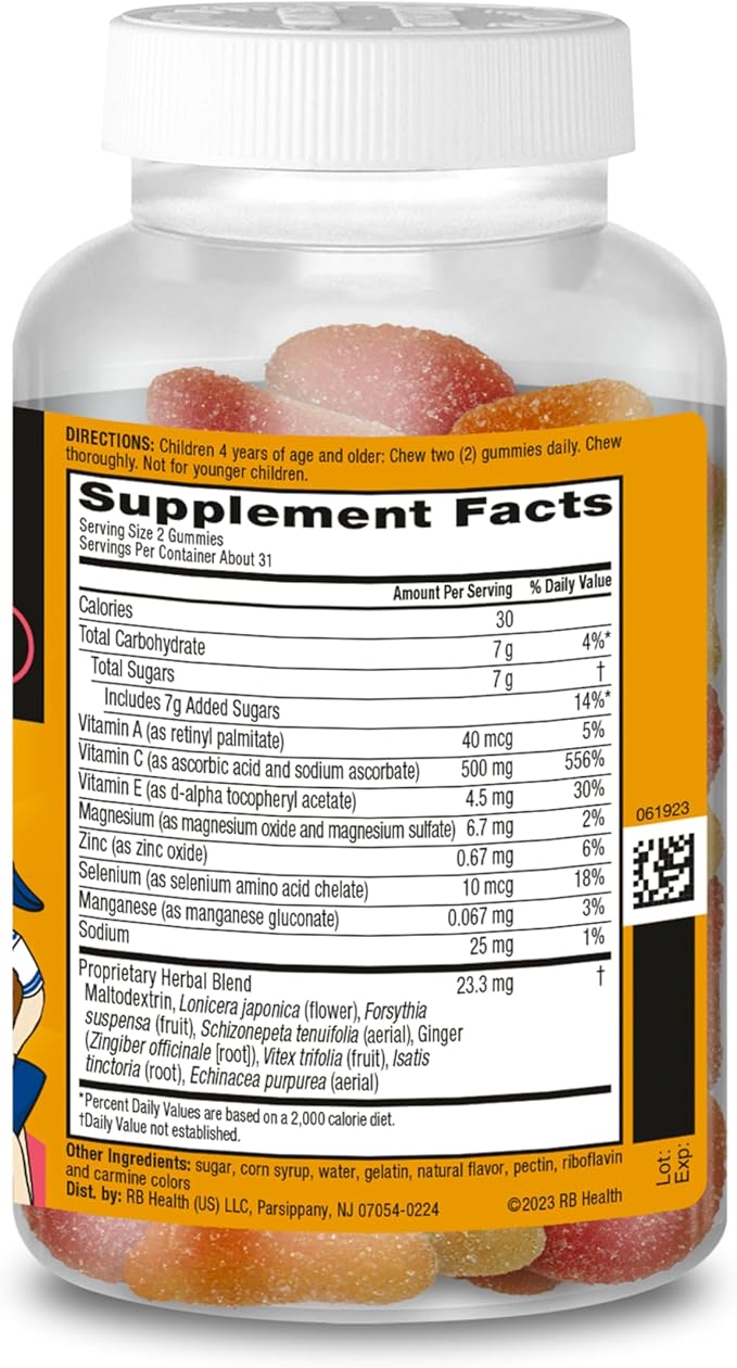 Airborne Vitamin C 500mg (per Serving) - Assorted Fruit Flavored Kids Gummies (63 Count in a Bottle), Gluten-Free Immune Support Supplement with Vitamins C E, Selenium