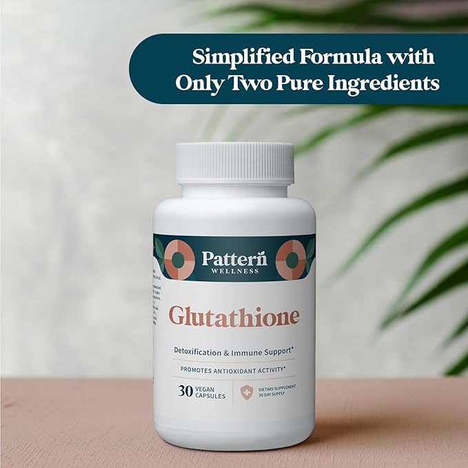 Pattern Wellness Glutathione Supplement - Active Reduced Glutathione Formula with Added Vitamin C - Cell, Antioxidant, + Immune Health Support - 30 Vegan Capsules