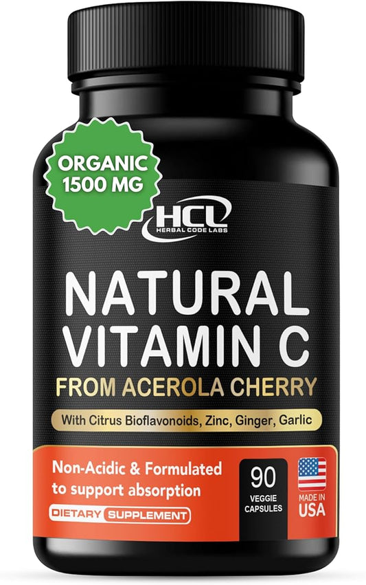 Natural Vitamin C from Organic Acerola Cherry - High Absorption - with Garlic Ginger & Citrus Bioflavonoids - Immune System & Collagen Booster - Anti Aging Skin Vitamins