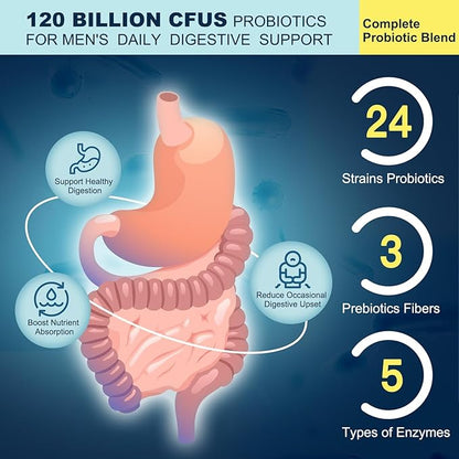 Probiotics for Men Digestive Health, 120 Billion CFUs Mens Probiotic with Digestive Enzymes & Prebiotics & Saw Palmetto & Cranberry for Gut, Prostate & Urinary Tract Health, Shelf Stable, 90 Capsules