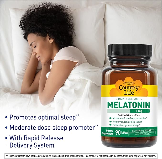 Country Life Melatonin Sleep Aid 3mg - Non-GMO, Gluten-Free, Vegan - Rapid-Release, Fast Dissolve Tablets for Optimal Sleep - No Yeast, Corn, Wheat, Soy - Pure, Authentic Ingredients
