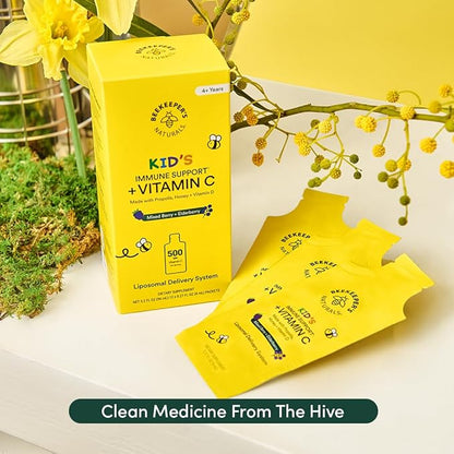Kid's Immune Liposomal Vitamin C by Beekeeper's Naturals, 500 mg Vitamin C, Elderberry, Vitamin D, Propolis & Honey, Kid-Friendly Immune Support - Mixed Berry Flavor, Easy to Use, Bioavailable, 30 Ct