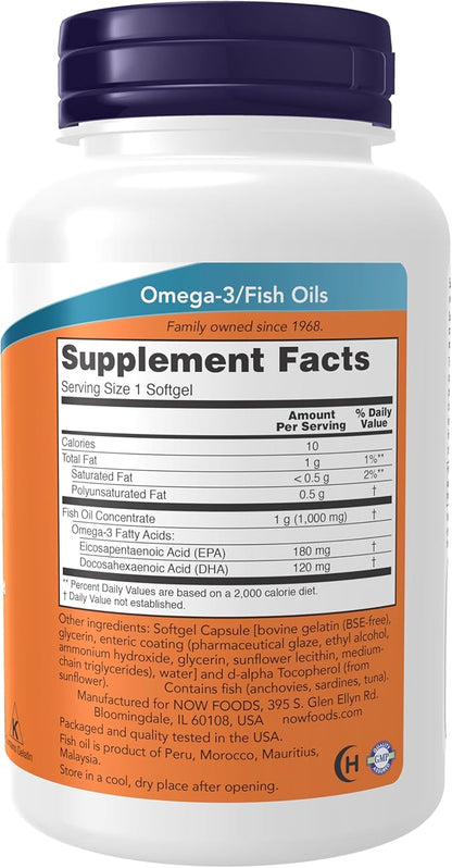 NOW Foods Supplements, Omega-3 180 EPA / 120 DHA, Enteric Coated, Cardiovascular Support*, 90 Softgels