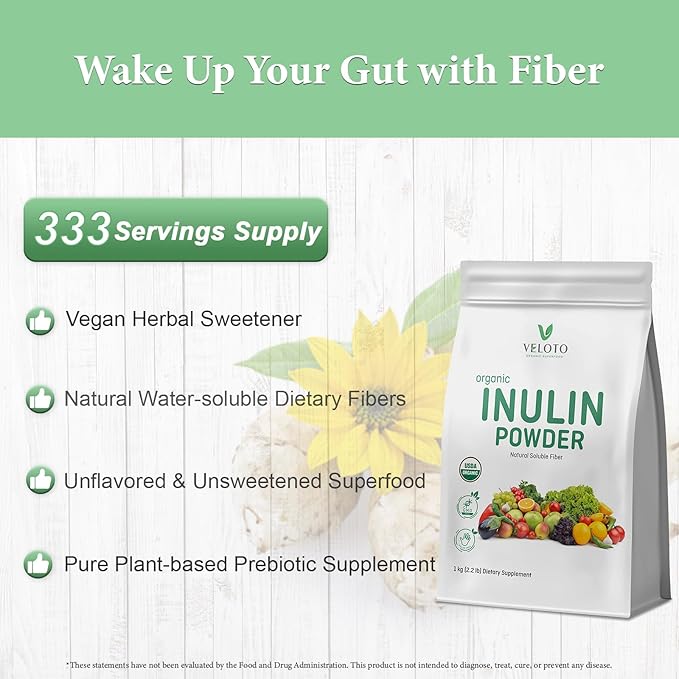 Organic Inulin Powder, Pure Inulin Prebiotic Supplement Natural Soluble Fibers Sweetener for Digestive Function, Unflavored & Unsweetened Superfood for Smoothie, Gluten Free, Vegan, 2.2 lb