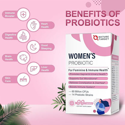 NATURE TARGET Probiotics-for-Women with Prebiotics, Cranberry and D-Mannose, 60-Billion-CFUs, Women's Probiotic for Digestive Health/Gut Health/Immune Booster