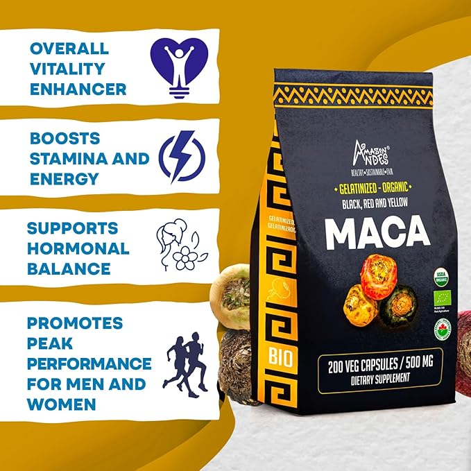Premium Black, Red & Yellow Maca Capsules l 3000mg Serving for Increased Energy Levels & Physical Performance l Powerful Antioxidant & Immune System Booster l 100% Natural and Organic l Amazon Andes