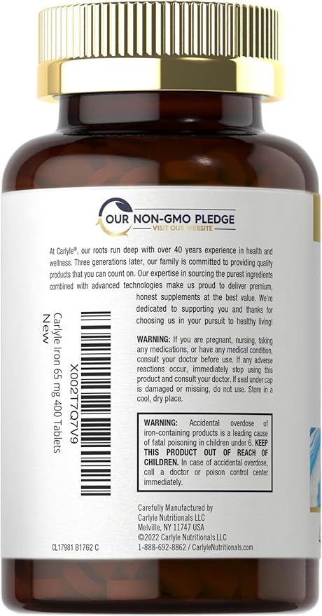 Carlyle Iron Ferrous Sulfate 365mg, 65 mg | 400 Tablets | Non-GMO, Gluten Free, and Vegetarian Supplement | High Potency