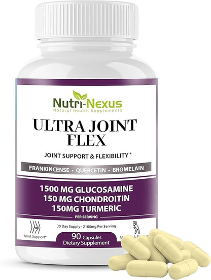Joint Support Supplement with Glucosamine Chondroitin MSM Turmeric Boswellia - for Men and Women - Promotes Mobility, Flexibility, and Comfort - Made in USA - 90 Capsules