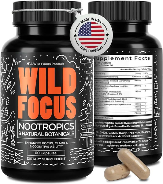 Wild Focus Brain Supplements | Caffeine-Free, Plant-Based Botanicals | Lions Mane, Ginkgo Biloba, Bacopa Monnieri, Lemon Balm | 100% Natural Nootropic | 60 caps