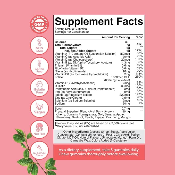Natures Craft Vegan Prenatal Gummies for Women - Gummy Prenatal Vitamins for Women with Iron Folic Acid and Superfruit Blend - Chewable Vitamins Gummy Formula (Pineapple Mango) 1 Month