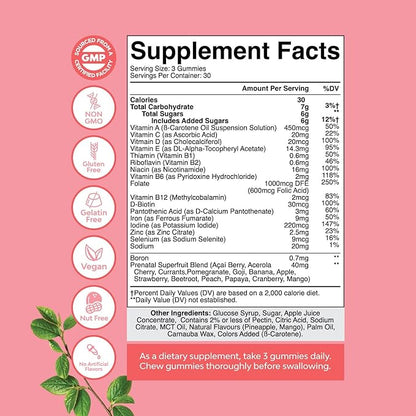 Natures Craft Vegan Prenatal Gummies for Women - Gummy Prenatal Vitamins for Women with Iron Folic Acid and Superfruit Blend - Chewable Vitamins Gummy Formula (Pineapple Mango) 1 Month