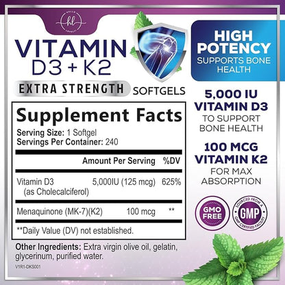 Vitamin D3 K2 - High Potency 5000iu D3 (125mcg) & 100mcg K2 (MK7) for Calcium Absorption, Bone, Teeth, Heart & Immune Support, Easy to Swallow D & K Complex, Non-GMO & Gluten Free - 240 Softgels