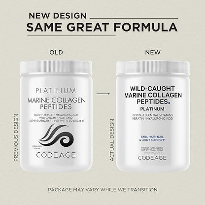 Codeage Marine Collagen Protein Powder Supplement Platinum - Biotin 10,000 mcg, Vitamin C, D3 & B6, Keratin, Hyaluronic Acid, Niacin, Wild Caught Hydrolyzed Fish Collagen Peptides - Non-GMO - 11.50 oz